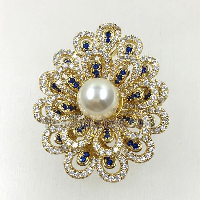 copper flower brooches pave zircon with pearl, revolvable, gold plated