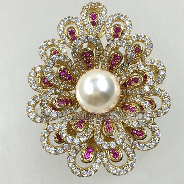 copper flower brooches pave zircon with pearl, revolvable, gold plated