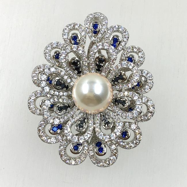 copper flower brooches pave zircon with pearl, revolvable, platinum plated