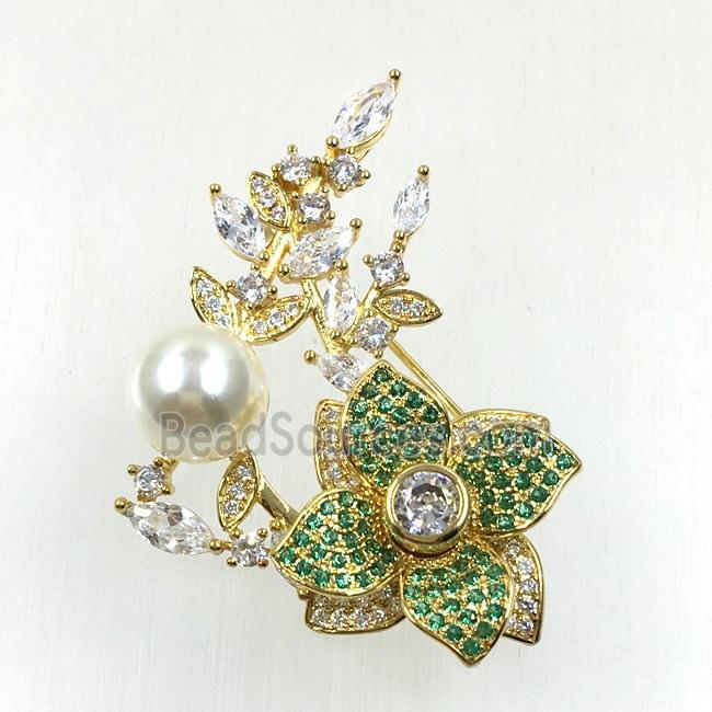 copper flower brooches pave zircon with pearl, revolvable, gold plated