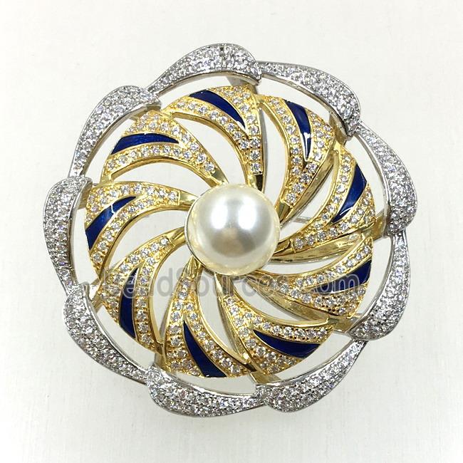 copper flower brooches pave zircon with pearl, revolvable, platinum plated