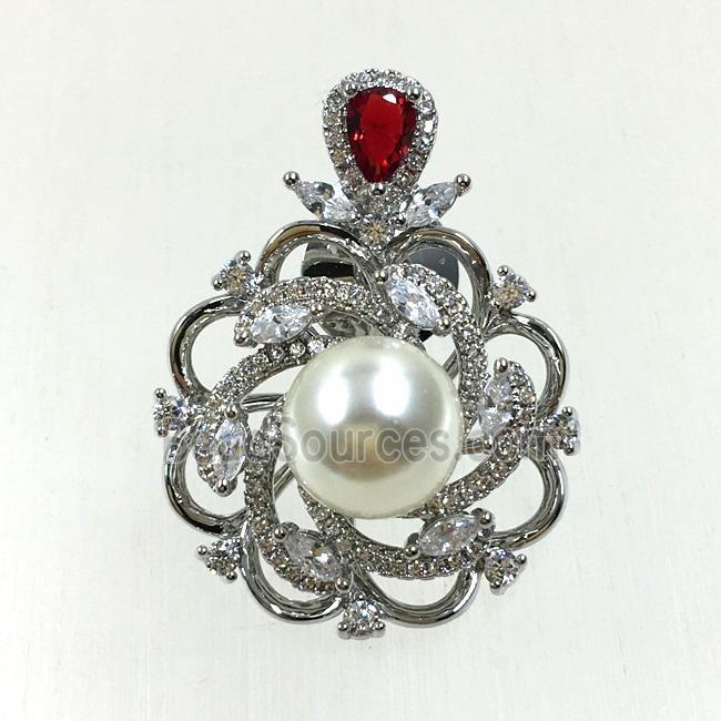 copper flower brooches pave zircon with pearl, revolvable, platinum plated