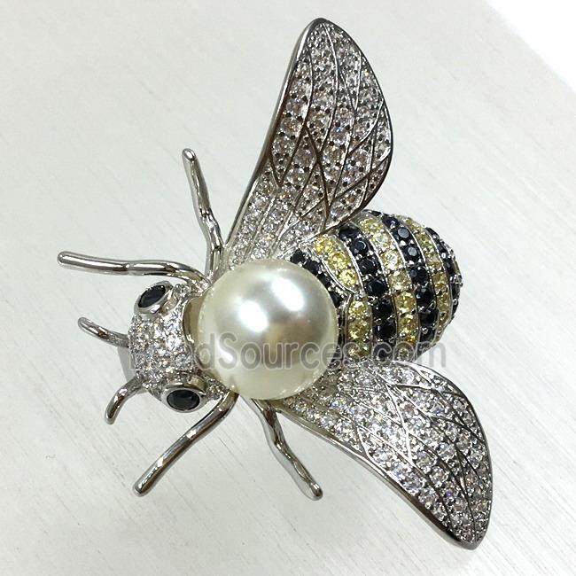 copper honeybee brooches pave zircon with pearl, platinum plated