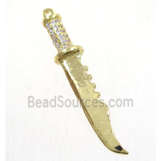 copper pendant paved zircon, knife, gold plated