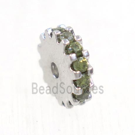 copper rondelle beads pave olive zircon, platinum plated