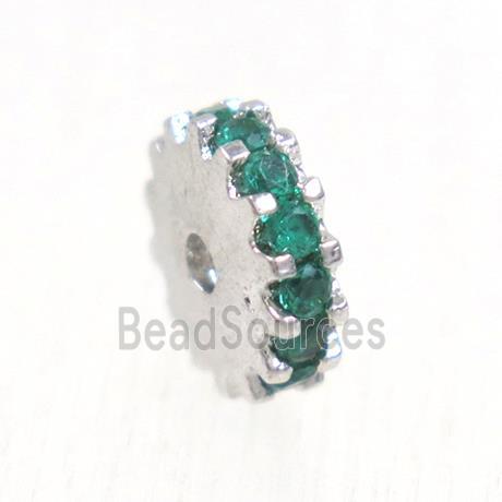 copper rondelle beads pave green zircon, platinum plated