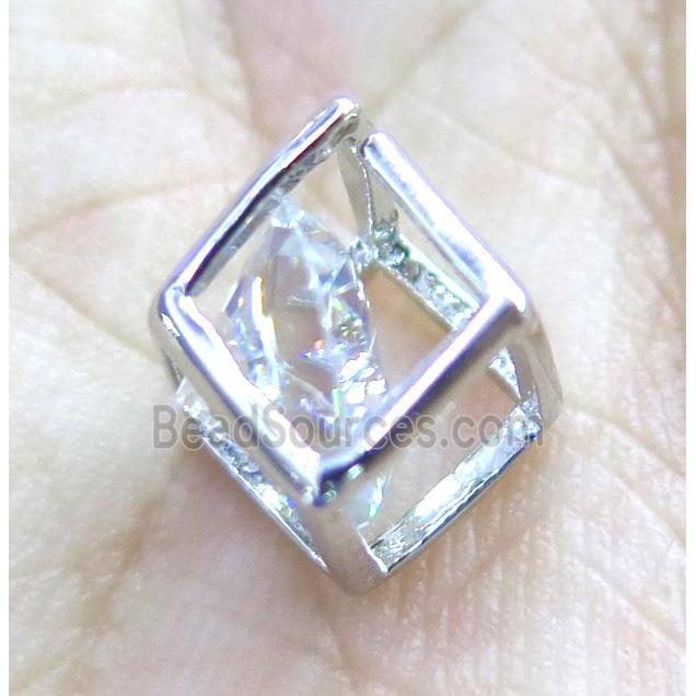 copper bead paved rhinestone, cube, platinum plated