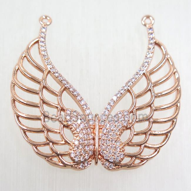 copper pendant paved zircon, angel wing, rose gold