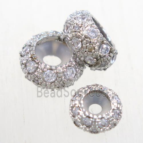 copper rondelle beads paved zircon, platinum plated