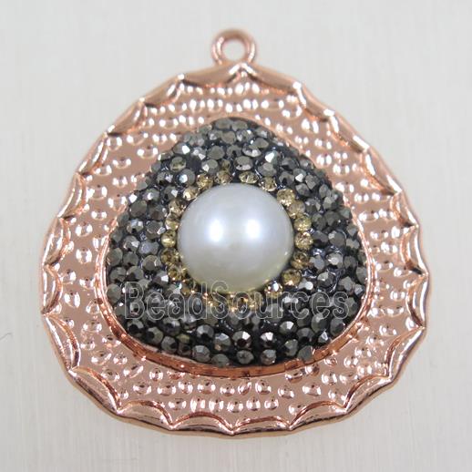 copper teardrop pendant paved rhinestone with pearl, rose gold