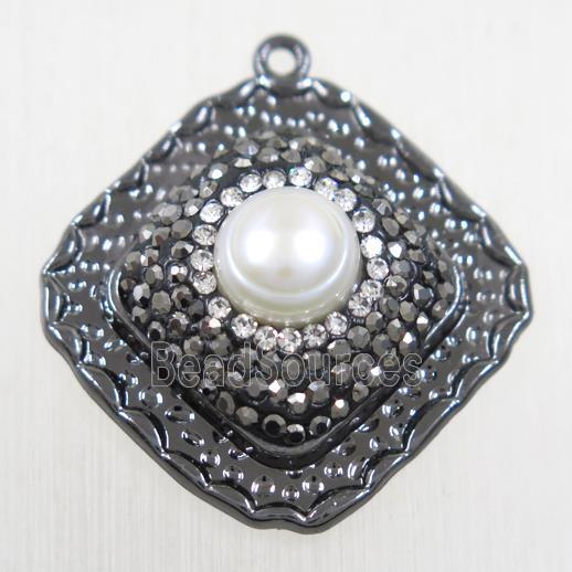 copper square pendant paved rhinestone with pearl, black plated