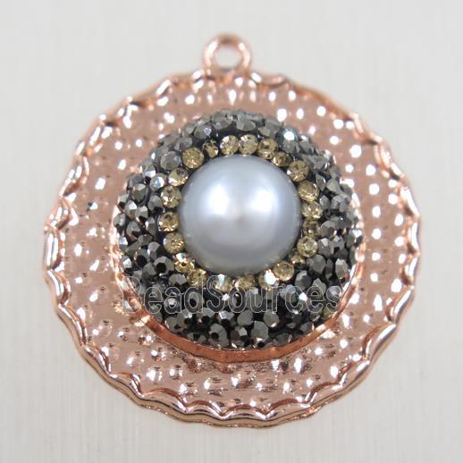 copper circle pendant paved rhinestone with pearl, rose gold