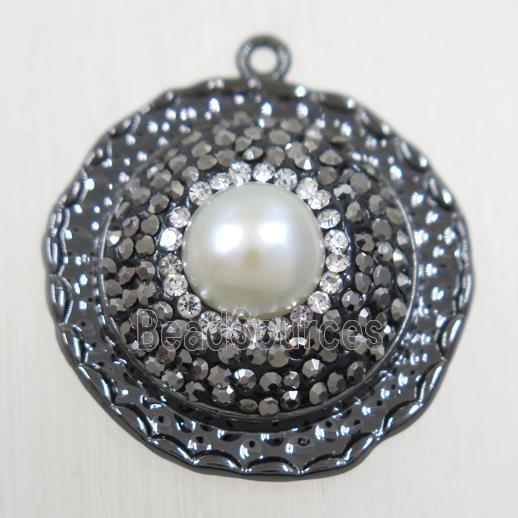 copper circle pendant paved rhinestone with pearl, black plated