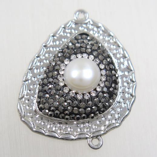 copper teardrop connector paved rhinestone with pearl, platinum plated