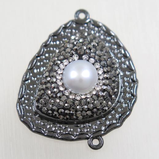 copper teardrop connector paved rhinestone with pearl, black plated