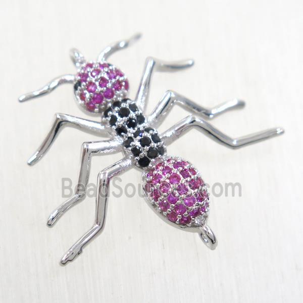 copper ant connector paved zircon, platinum plated