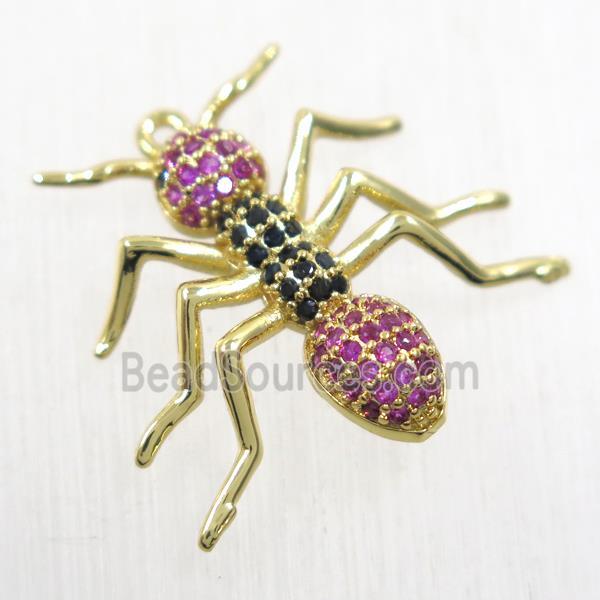 copper Ant pendant paved zircon, gold plated