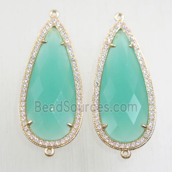 copper teardrop connector paved zircon with green crystal glass, gold plated