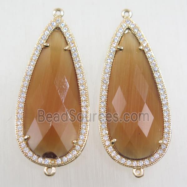 copper teardrop connector paved zircon with brown crystal glass, gold plated