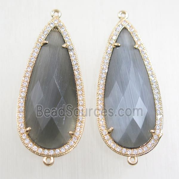 copper teardrop connector paved zircon with gray crystal glass, gold plated