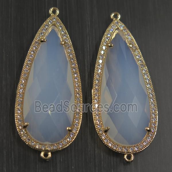 copper teardrop connector paved zircon with white opalite crystal glass, gold plated