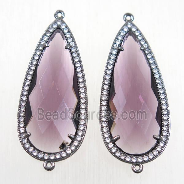 copper teardrop connector paved zircon with purple crystal glass, black plated