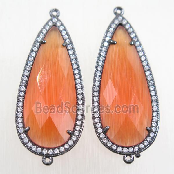 copper teardrop connector paved zircon with orange crystal glass, black plated