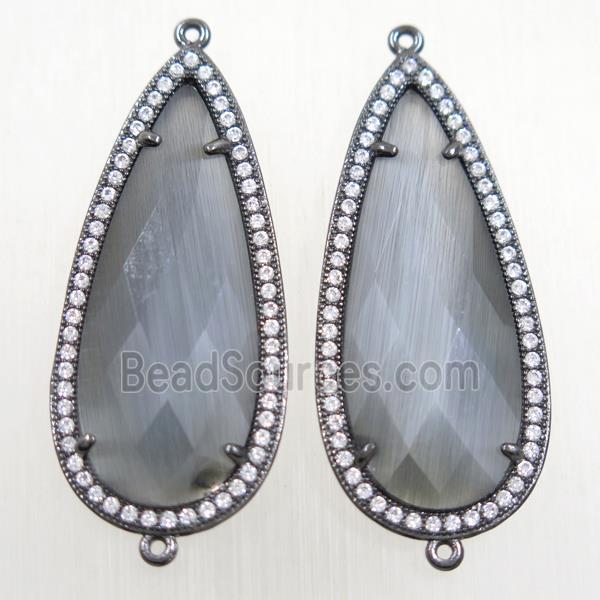 copper teardrop connector paved zircon with gray crystal glass, black plated