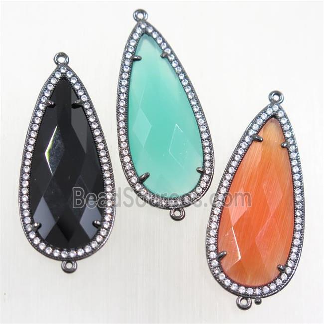 copper teardrop connector paved zircon with crystal glass, black plated, mix color