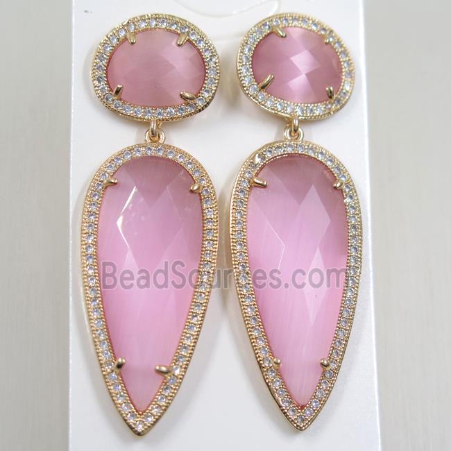 copper earring studs paved zircon with pink crystal glass, gold plated