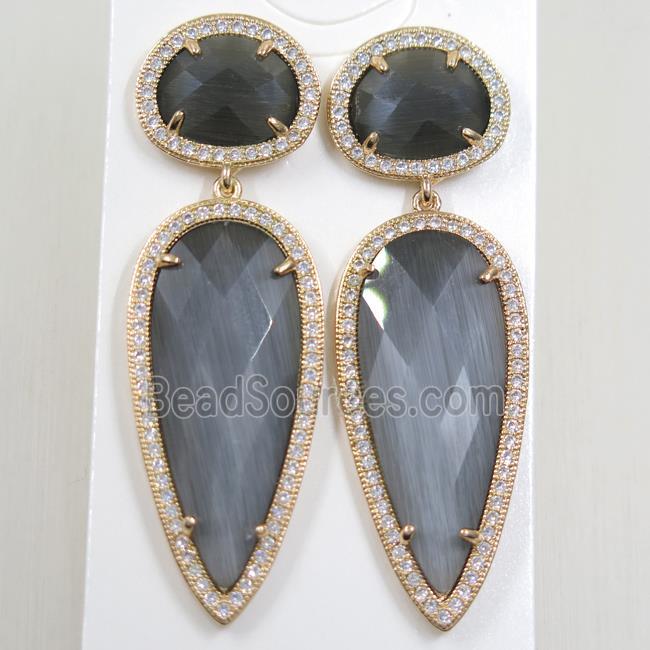 copper earring studs paved zircon with gray crystal glass, gold plated