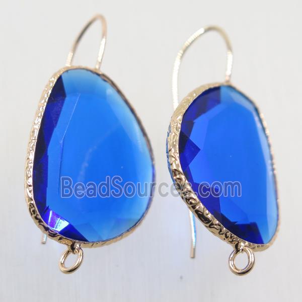 royal blue crystal glass earring hook with loop, gold plated