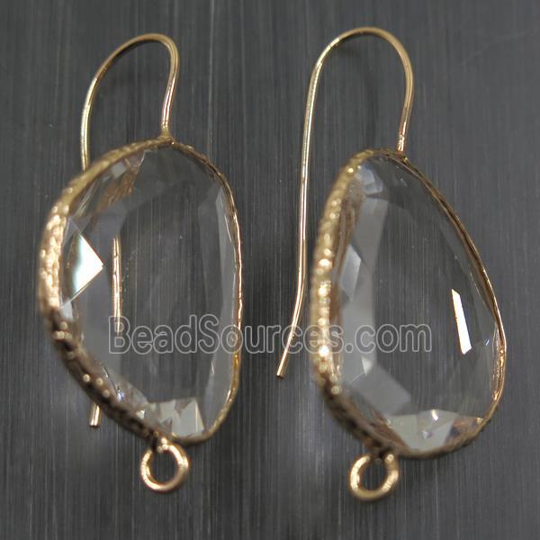 clear crystal glass earring hook with loop, gold plated