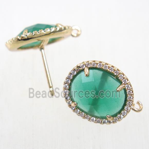 copper earring studs paved zircon with green crystal glass, gold plated