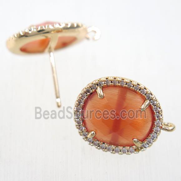 copper earring studs paved zircon with orange crystal glass, gold plated