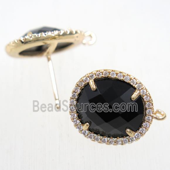 copper earring studs paved zircon with black crystal glass, gold plated