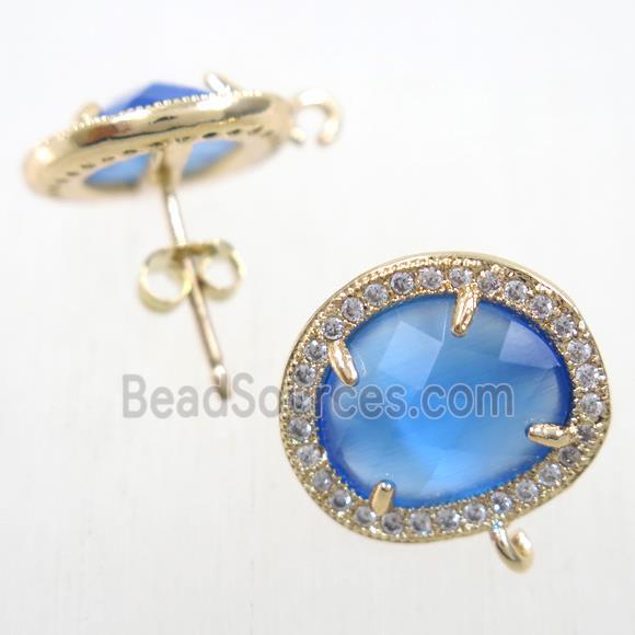 copper earring studs paved zircon with blue crystal glass, gold plated