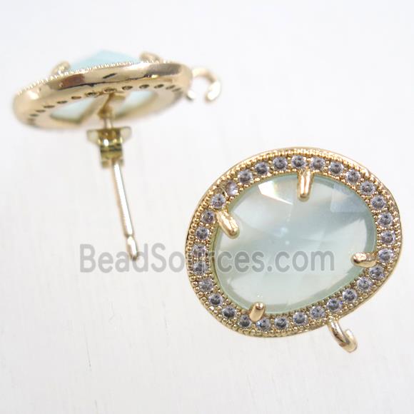 copper earring studs paved zircon with lt.blue crystal glass, gold plated