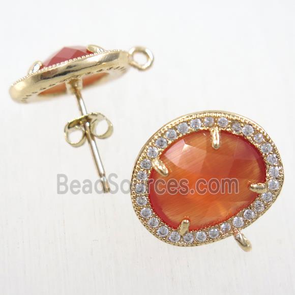 copper earring studs paved zircon with orange crystal glass, gold plated