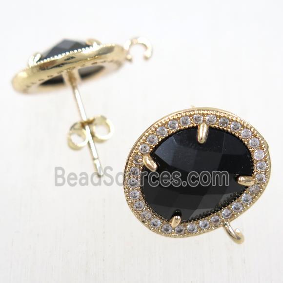 copper earring studs paved zircon with black crystal glass, gold plated