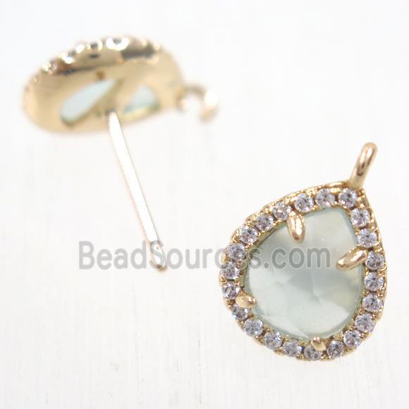 copper teardrop earring studs paved zircon with lt.blue crystal glass, gold plated