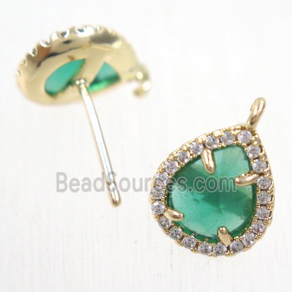 copper teardrop earring studs paved zircon with green crystal glass, gold plated