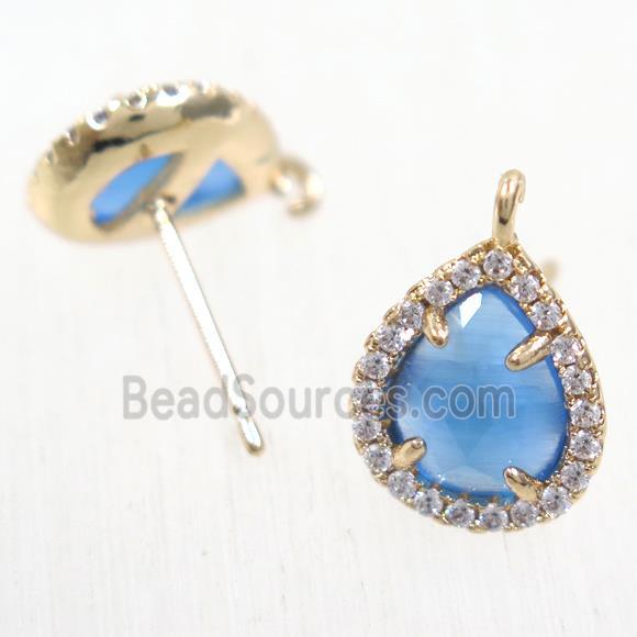 copper teardrop earring studs paved zircon with blue crystal glass, gold plated