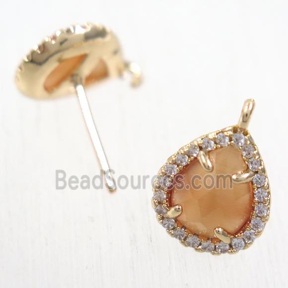 copper teardrop earring studs paved zircon with orange crystal glass, gold plated