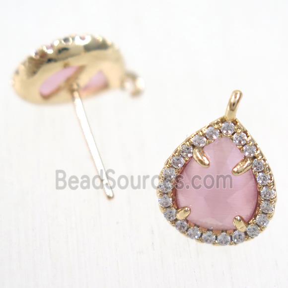 copper teardrop earring studs paved zircon with pink crystal glass, gold plated