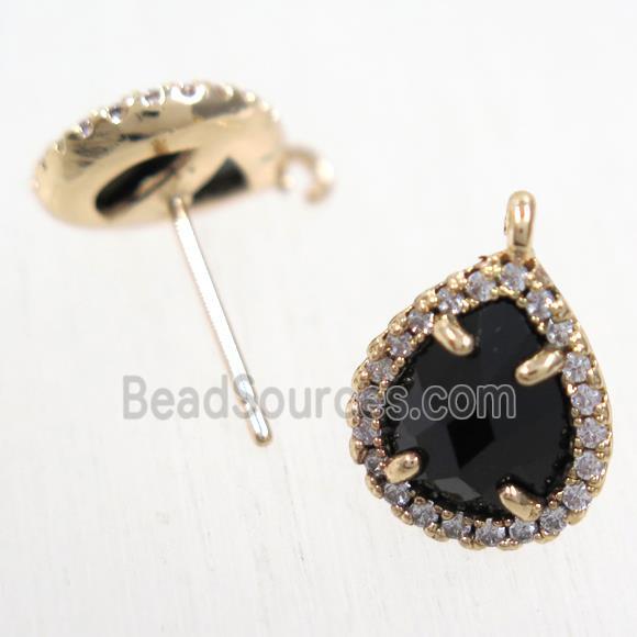 copper teardrop earring studs paved zircon with black crystal glass, gold plated