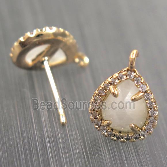 copper teardrop earring studs paved zircon with white crystal glass, gold plated