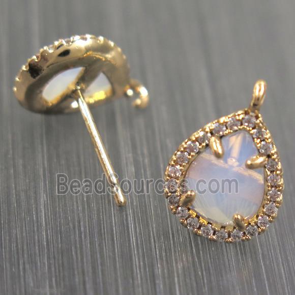 copper teardrop earring studs paved zircon with white opalite crystal glass, gold plated