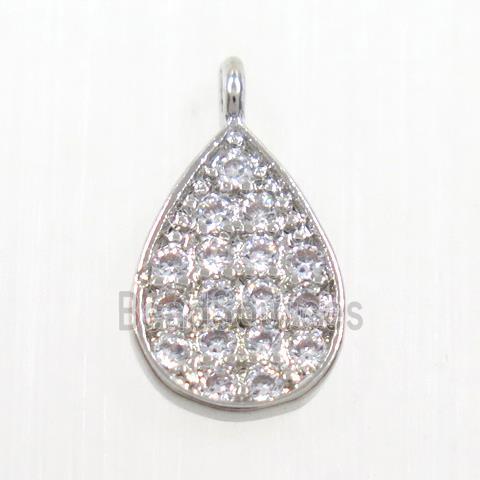 copper teardrop pendant paved zircon, platinum plated