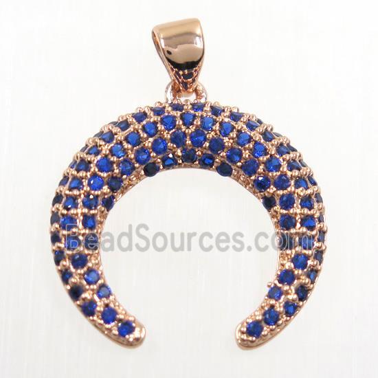 copper crescent moon pendant paved blue zircon, rose gold